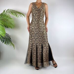 Vintage 90s Grunge Gold Floral Pleated Whimsigoth Evening Prom Dress / Sz: S